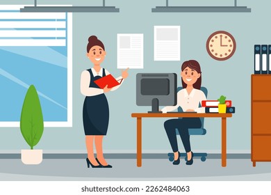Office characters talking together at workplace. Manager woman giving instructions to female subordinate. Positive communication of colleagues cartoon vector