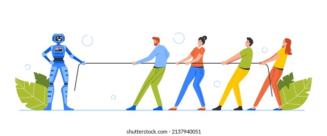 Office Characters Tear Rope with Artificial Intelligence Robot Concept. Men Women Workers Playing Tug of War With Cyborg Making Competition With Robotic Technologies Cartoon People Vector Illustration