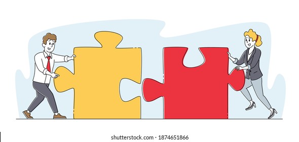 Office Characters Work Together Assemble Huge Colorful Separated Puzzle Pieces. Businesspeople in Coworking Place Teamwork Cooperation, Collective Work, Partnership. Linear People Vector Illustration