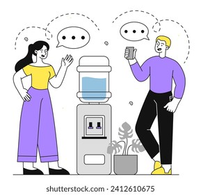 Chateo de oficina casi lineal. Hombre y mujer con tazas pasan tiempo juntos. Los colegas y socios discuten un proyecto común. Ilustración del vector plano Doodle aislada en fondo blanco