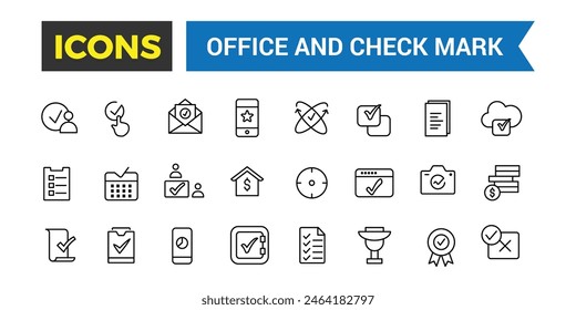 Office and check mark icon set. Outline icons pack. Editable vector icon and illustration.