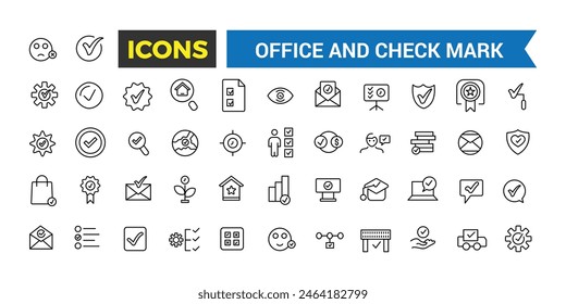 Office and check mark icon set. Outline icons pack. Editable vector icon and illustration.