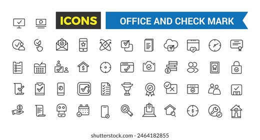 Office- und Häkchensymbolsatz. Paket mit Gliederungssymbolen. Symbol und Abbildung der bearbeitbaren Vektorgrafik.