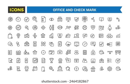 Office and check mark icon set. Outline icons pack. Editable vector icon and illustration.