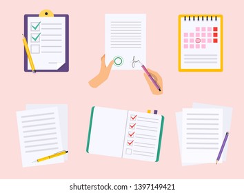 Office checks forms, priority list checks, check mark list and checking paper to do checklists.