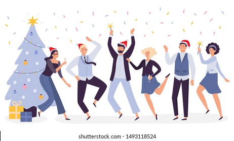 Office christmas celebration. Happy business team workers corporate party, celebrate New Year in xmas hats. 2020 winter holiday businessman and businesswoman office celebrating vector illustration