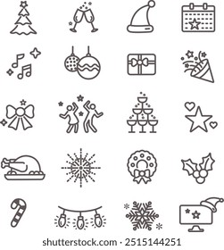 Office christmas holiday party icons. Modern line vector icon set with editable stroke.