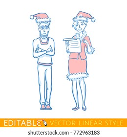 Office christmas party. Business man and snow maiden. Editable stroke drawing. Merry Christmas and New year card.