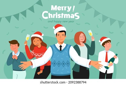 Office Christmas party. Business team in modern office decorat flag. Business people celebrating Christmas and New Year holiday on corporate party in business office. Cartoon flat vector illustration