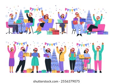 Office Christmas party celebration people exchanging gifts festive decor Christmas tree confetti cheerful atmosphere holiday event digital design