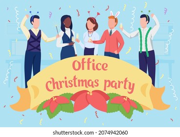 Office Christmas Party Poster Flat Vector Template. Winter Holiday. Brochure, Booklet One Page Concept Design With Cartoon Characters. New Year Celebration At Work Flyer, Leaflet With Copy Space