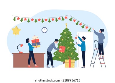 Office christmas party prepare. Manager team preparing to new year celebrating. Corporative work preparation to winter holidays, recent vector characters