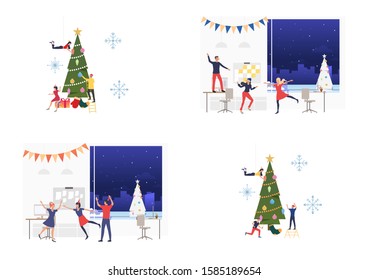 Office Christmas party set. Colleagues dancing and decorating Xmas tree. Flat vector illustrations. Holiday, celebration concept for banner, website design or landing web page