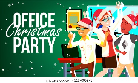Office Christmas Party Vector. Smiling. Happy Business People. Merry Christmas And Happy New Year. Young Man, Woman. Cartoon Illustration
