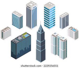 Office city apartment, house residential block, exterior business town. Set of skyscrapers, constructions, modern buildings. Urban style design elements. Futuristic architectural structures