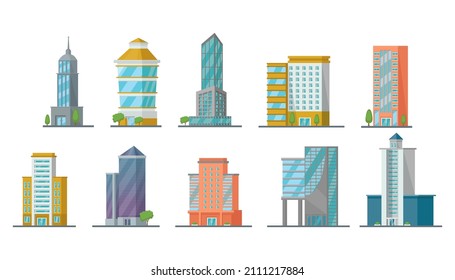 Office city buildings of different shapes cartoon vector illustration set. Real estate, business towers, skyscrapers, apartment buildings isolated on white background. Cityscape urban downtown concept