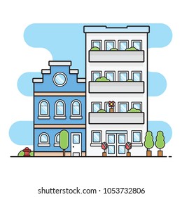 Office in the city with linear flat design