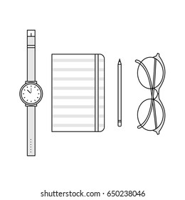 Office classy stationery in grey and white colors. Flat vector background illustrations set: watches, striped notebook, pencil & glasses. Modern minimal style.