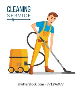 Office Cleaner Vector. Cleaner And Cleaning Equipment. Sweeper The Floor. Cartoon Character Illustration