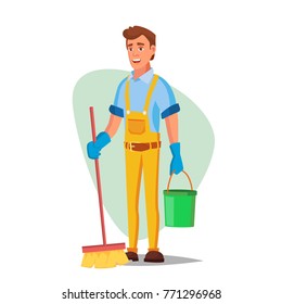 Office Cleaner Vector. Work Wiping, Dusting, Vacuuming Floor Carpets. Sanitation And Cleaner Washing. Isolated Flat Cartoon Character Illustration
