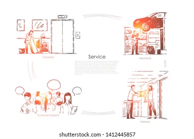 Office cleaning, car maintenance, mechanic, customer support, call center, courier delivery, professions banner