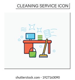 Office cleaning color icon. Keeping workplace clean. Tidy office desk. Mopping, wiping, dusting. Cleaning service concept. Isolated vector illustration