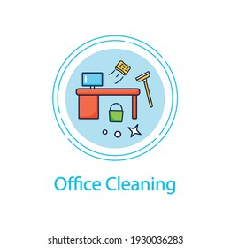 Office cleaning concept line icon. Keeping workplace clean. Tidy office desk. Mopping, wiping, dusting. Cleaning service concept.Vector isolated conception metaphor illustration