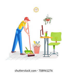 Office cleaning. Cleaning the floor from debris in the office. Worker sweeps the floor a broom against the background of the interior. Vector illustration in a flat style.