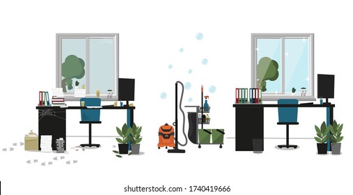 Office cleaning. Office interior with a window and a Desk.  Room, office before and after cleaning, clean and dirty room. Cleaning equipment and supplies.  Vector illustration.