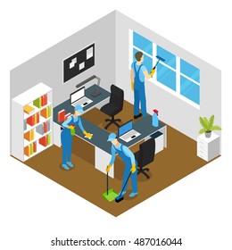 Office Cleaning Isometric Composition With Washing Of Working Tables And Window Sweeping Of Floor Vector Illustration 