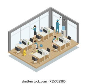 Office cleaning isometric composition with workers team in uniform doing washing of floor, windows, desks vector illustration