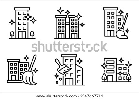 Office cleaning linear icon set. Apartment cleaning service. vector illustration on white background
