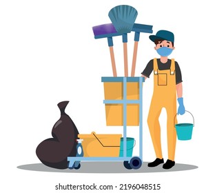 Office Cleaning Professional, Janitor with cleaning equipment. Vector illustration with white background.