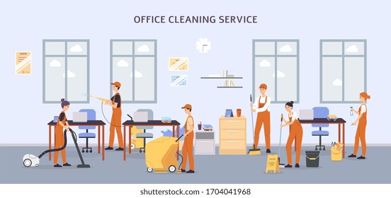 Office cleaning service banner with cleaner team working in corporate building interior. Cartoon people in uniform washing furniture - flat vector illustration.
