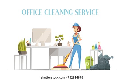 Office cleaning service design concept with young woman in interior washing floor by modern mop with spray element flat vector illustration      