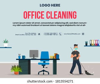 Office cleaning service facebook post. Janitor cleaning office wearing mask. Office interior vector. Office cleaning popup post template for facebook, twitter and instagram. Cleaner cleaning room