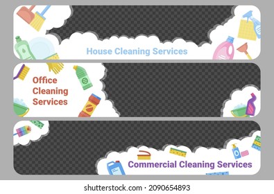 Office cleaning service horizontal banner template set vector flat illustration. Collection cleanup housekeeping background with household supplies brush, detergent, mop, gloves decorative design