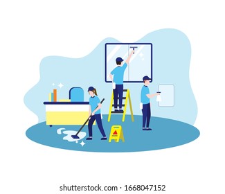 Office Cleaning Service Mopping Floor and Cleaning Window Illustration