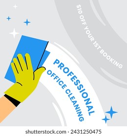 Office cleaning service from professionals. Helping with cleanliness and tidiness of workspace. Wiping surfaces from dust and dirt. Promotional banner or advertisement. Vector in flat styles