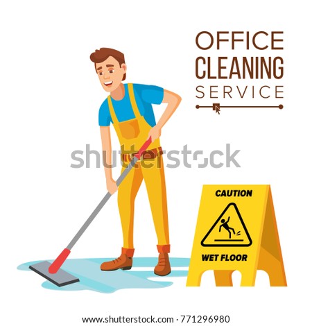 Office Cleaning Service Vector. Washing Machine, Broom. Isolated On White Cartoon Character Illustration