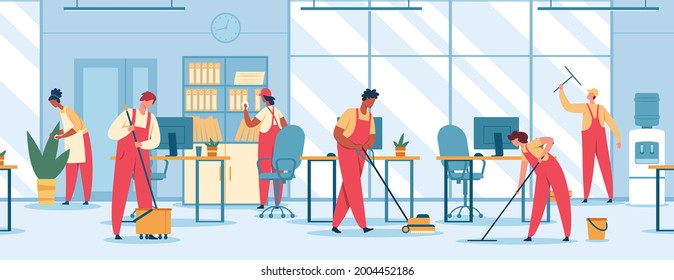 Office Cleaning. Team Of Professional Cleaners Mopping Floor, Vacuuming, Wiping Window. Janitors In Uniform Clean Office Vector Illustration. Characters Dusting Plants And Furniture