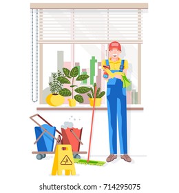 Office cleaning. A worker in gloves holds a spray gun and a rag. The worker is standing by the window. Vector illustration in a flat style.