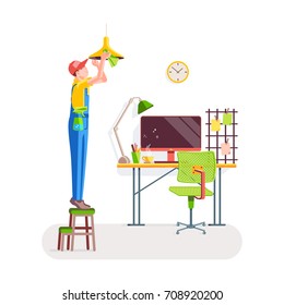 Office cleaning. Worker standing on the stepladder wipes the dust from the lamp against the background of the interior. Vector illustration in a flat style.