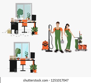 Office cleaning. Worker in uniform with a vacuum cleaner, cleaning lady with spray, bucket, mop. Office interior with a flowers,  window  and work desk.  Flat  vector illustration.  