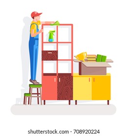 Office cleaning. Worker wipes the dust off the cupboard the office on the background of the interior. Vector illustration in a flat style.