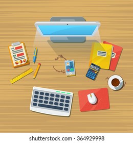 Office clerical assistant workplace top view flat icon with desktop calculator and accessories wooden texture background vector illustration 