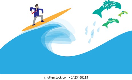 Office clerk catch the wave and chasing trends.  Chasing trends concept illustration. Surfing office clerk concept.