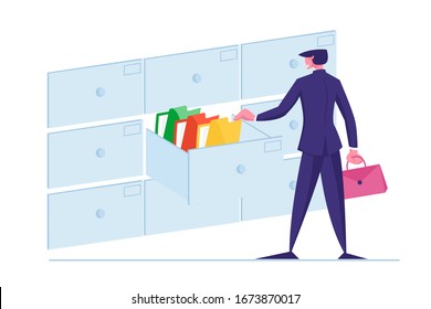 Office Clerk Character Searching for Files Into Filing Cabinet Drawer, Business Administration and Data Storage Concept. Businessman Take Documents in Archive Storage. Cartoon Vector Illustration
