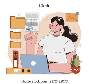 Office clerk. Coworking space maintenance and supplying. Business character sorting mail and assisting with document in the archive. Flat vector illustration