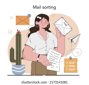 Office clerk. Coworking space maintenance and supplying. Business character sorting mail and assisting with document in the archive. Flat vector illustration